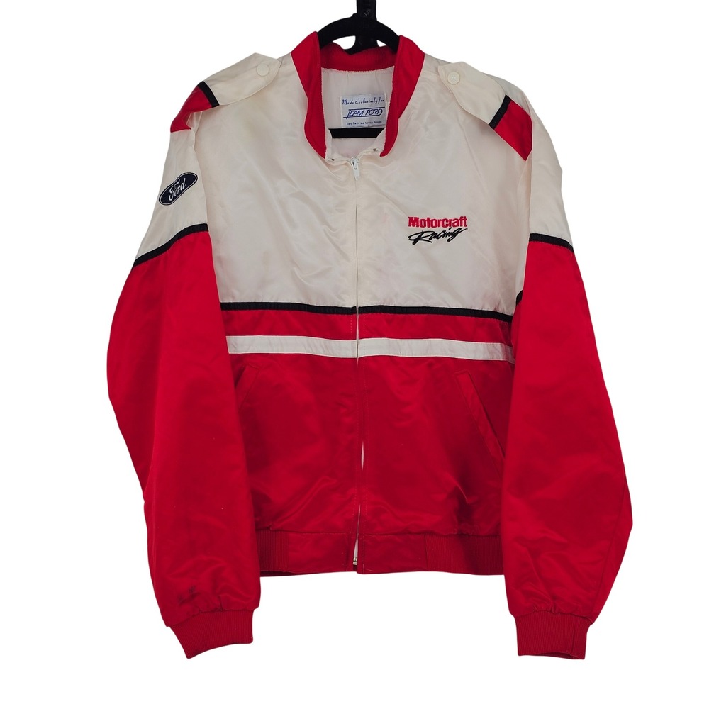 Vintage 90s Team Ford Motorcraft Racing Satin Bomber Jacket Red White USA Mens L